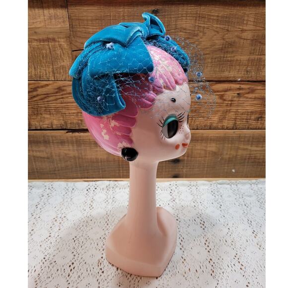 Vintage 1950's Blue Velvet Bows Netted Veil Fascinator Fashion Hat - Picture 3 of 9